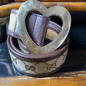 Gucci Gold Heart Monogram Brown Leather Women's Belt Size 95/100